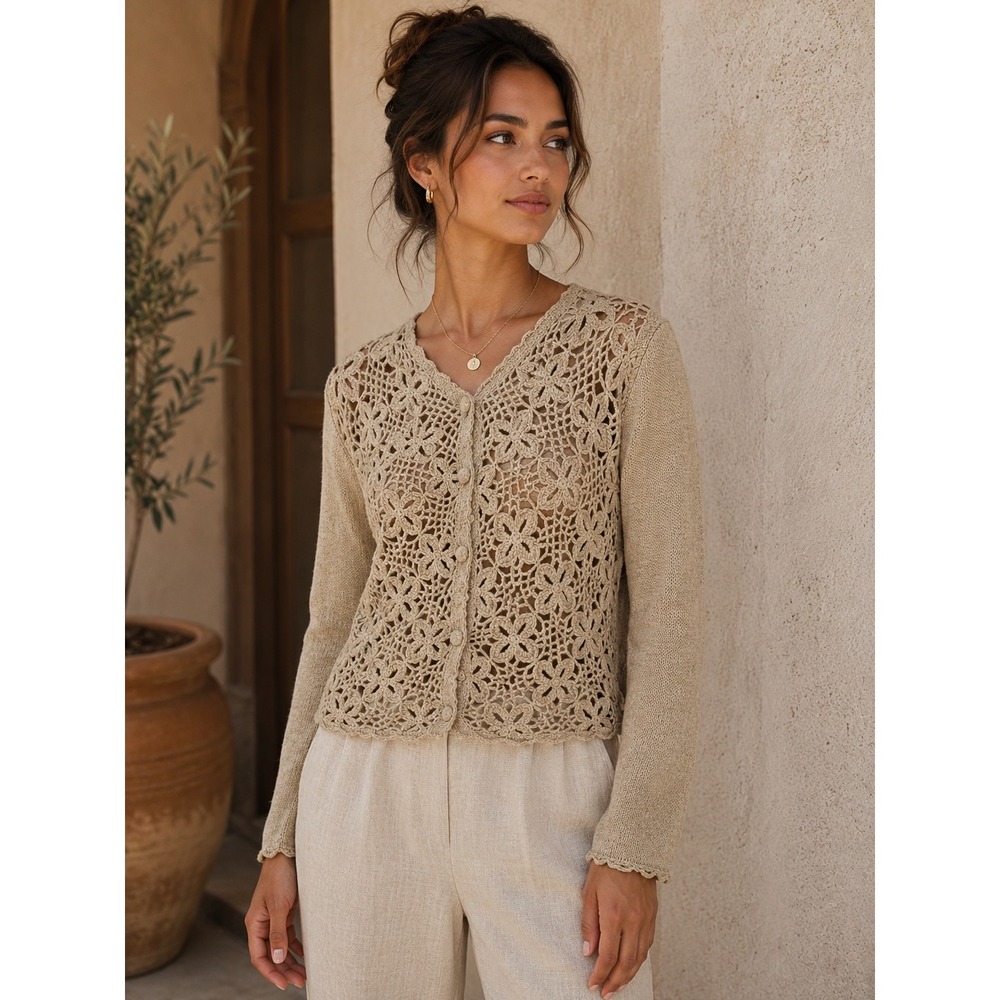 62 East Medium Beige Crochet Open Knit Cardigan Sweater Floral Boho Scalloped